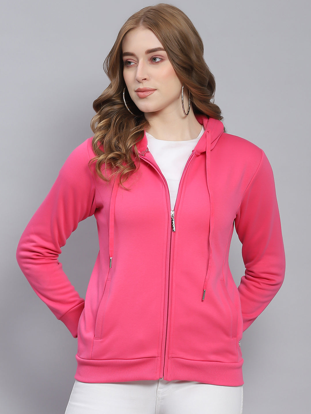 Women Pink Solid Hooded Full Sleeve Sweatshirts