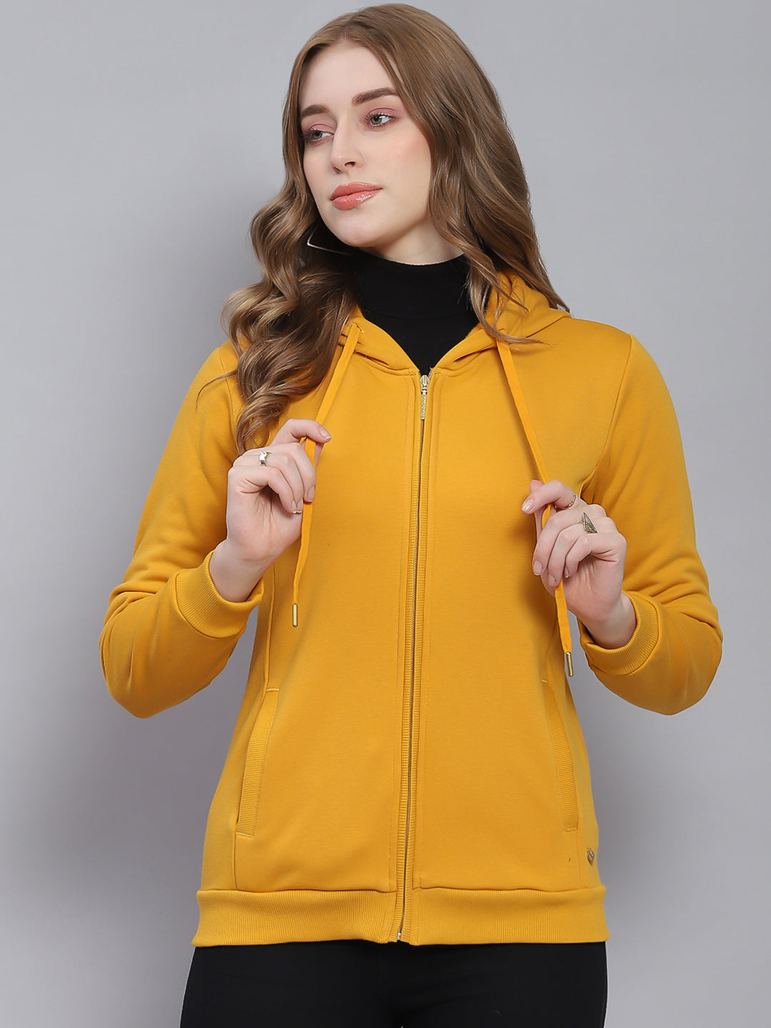 Women Yellow Solid Hooded Full Sleeve Sweatshirts