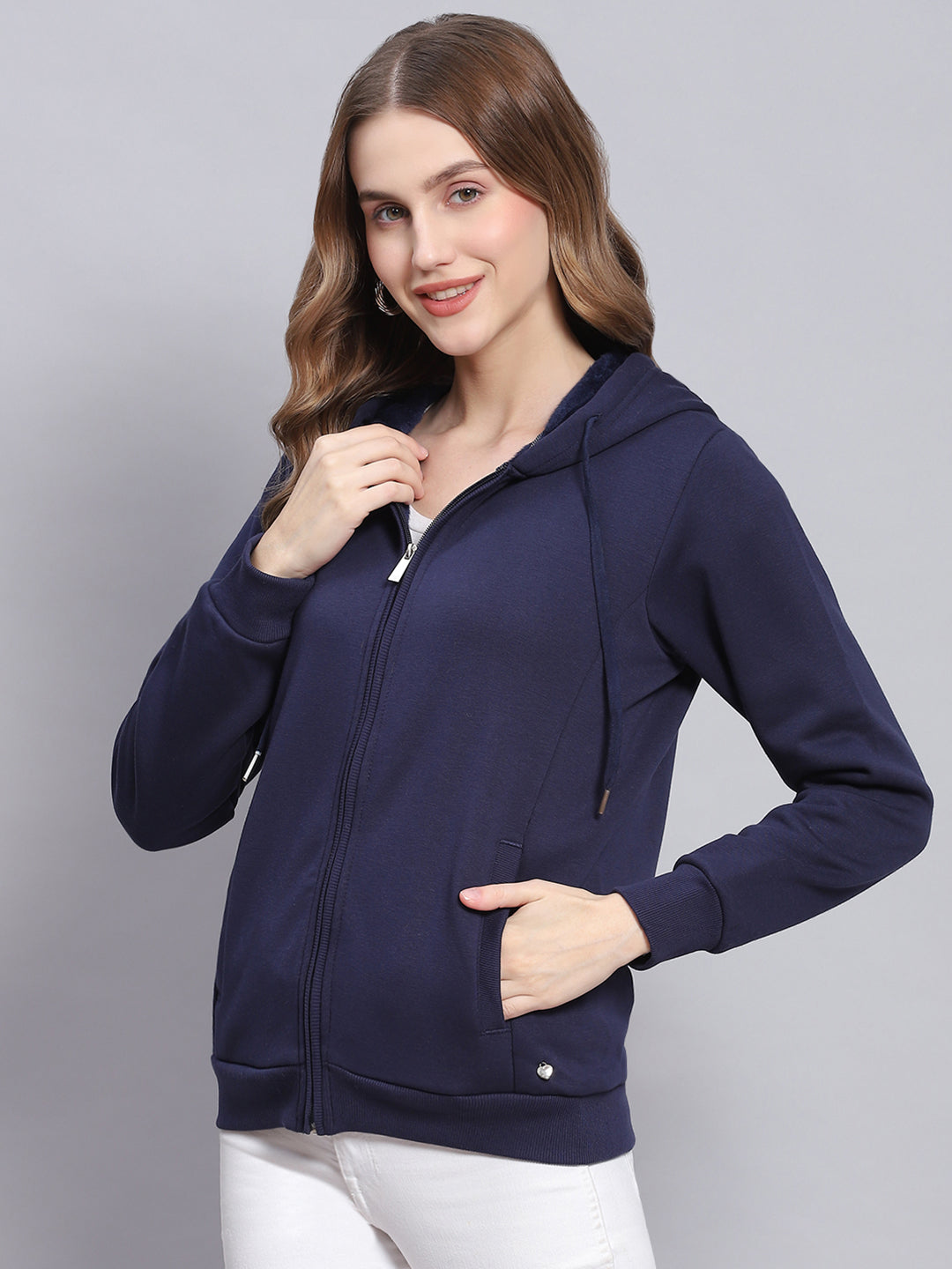 Women Navy Blue Solid Hooded Full Sleeve Sweatshirts