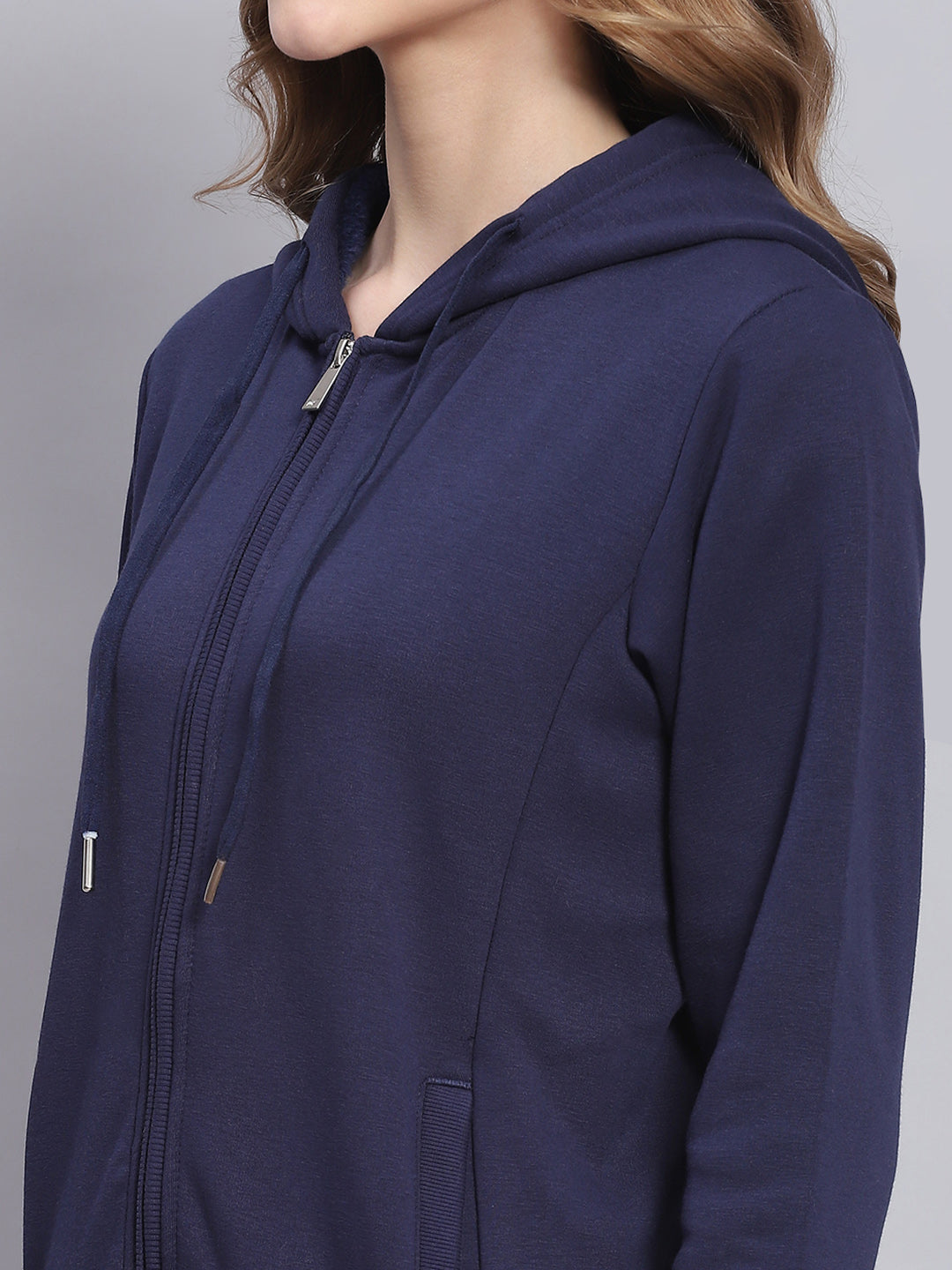 Women Navy Blue Solid Hooded Full Sleeve Sweatshirts