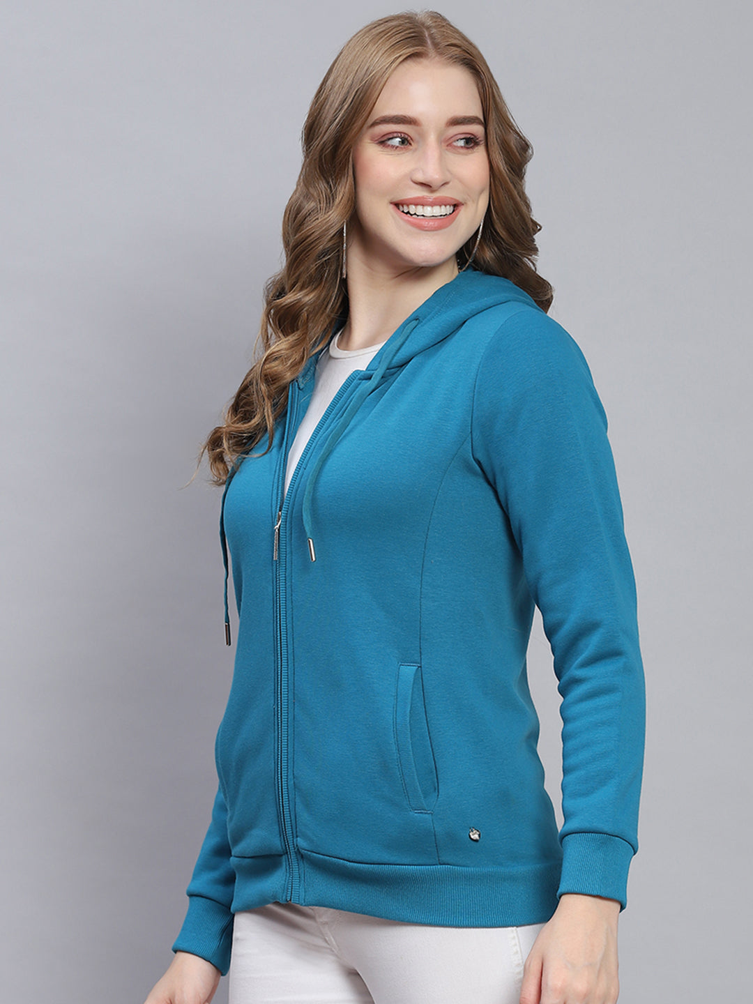 Women Blue Solid Hooded Full Sleeve Sweatshirts