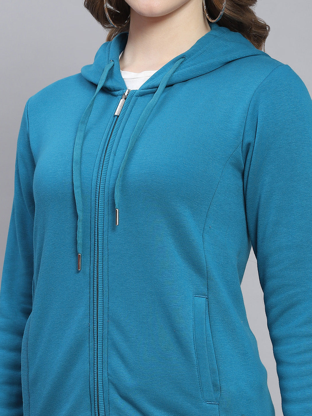 Women Blue Solid Hooded Full Sleeve Sweatshirts