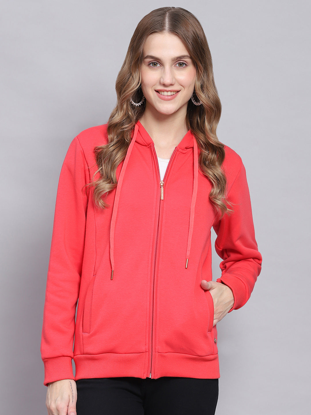 Women Pink Solid Hooded Full Sleeve Sweatshirts