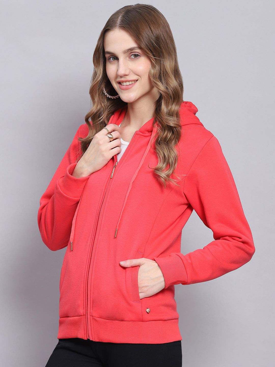 Women Pink Solid Hooded Full Sleeve Sweatshirts