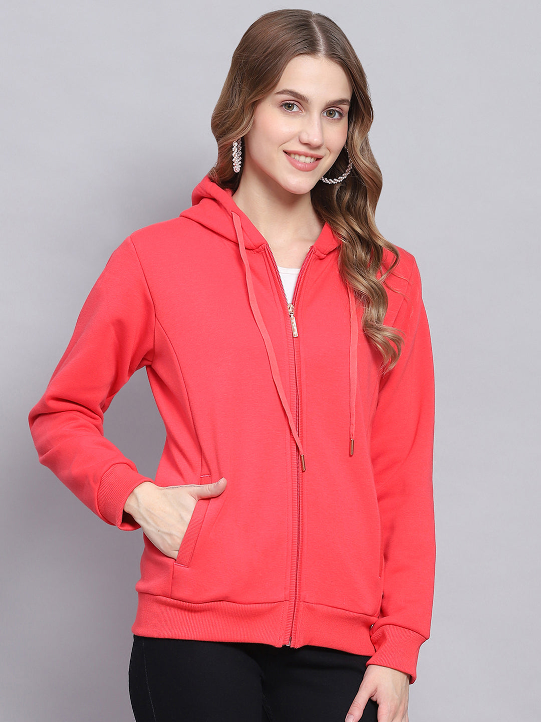 Women Pink Solid Hooded Full Sleeve Sweatshirts