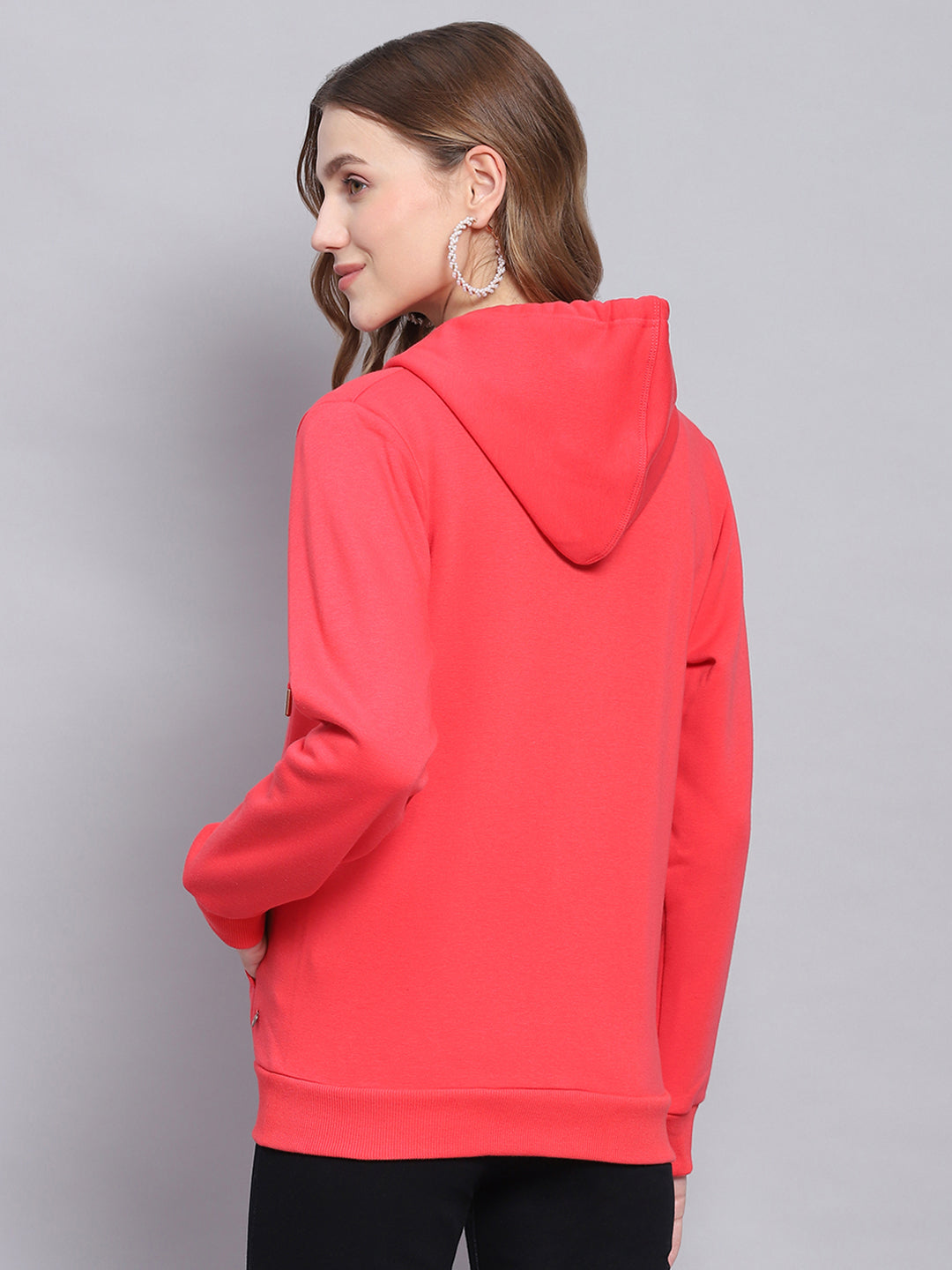 Women Pink Solid Hooded Full Sleeve Sweatshirts
