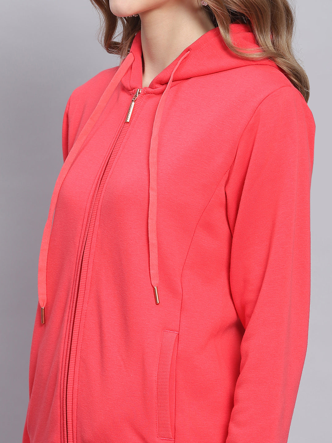 Women Pink Solid Hooded Full Sleeve Sweatshirts