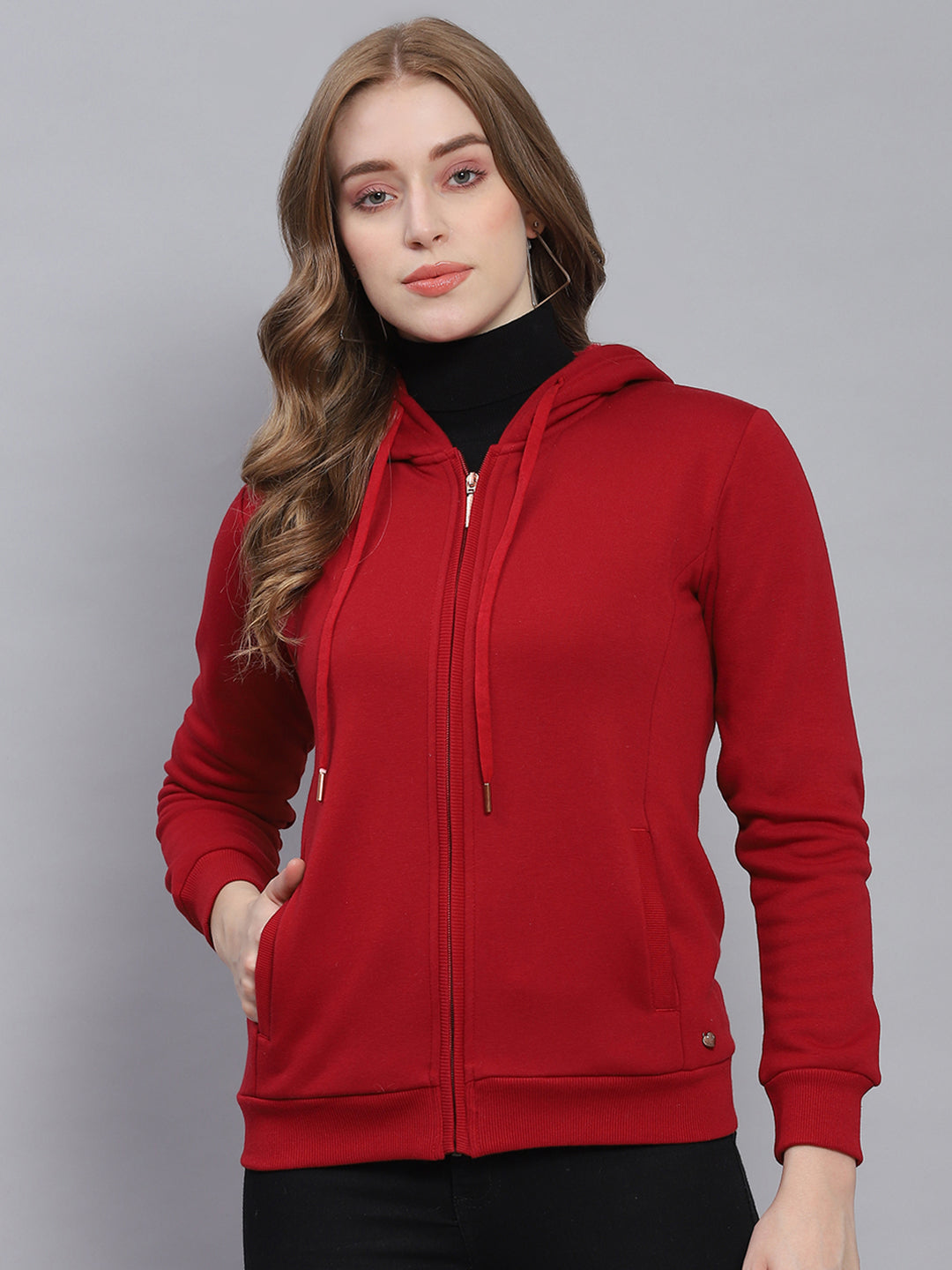 Women Maroon Solid Hooded Full Sleeve Sweatshirts