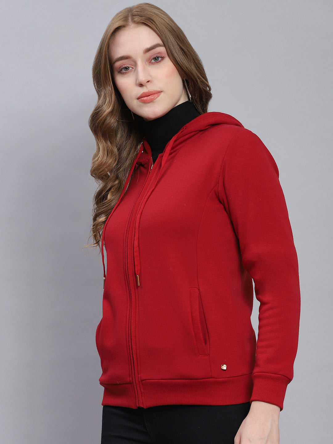 Women Maroon Solid Hooded Full Sleeve Sweatshirts