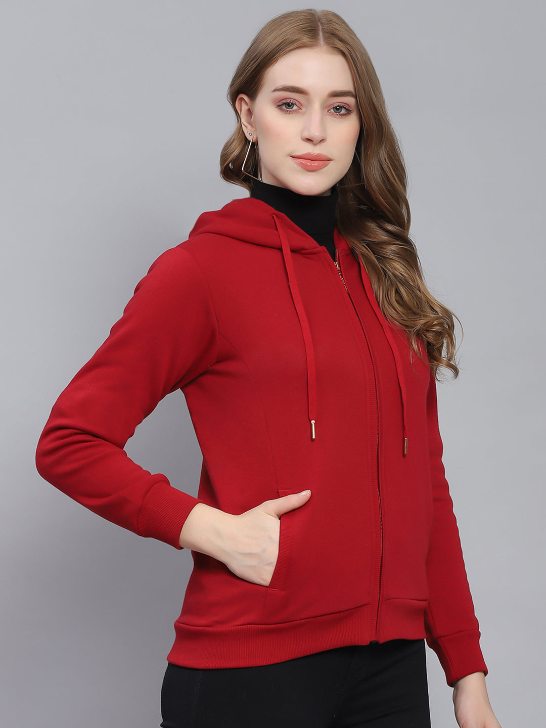 Women Maroon Solid Hooded Full Sleeve Sweatshirts