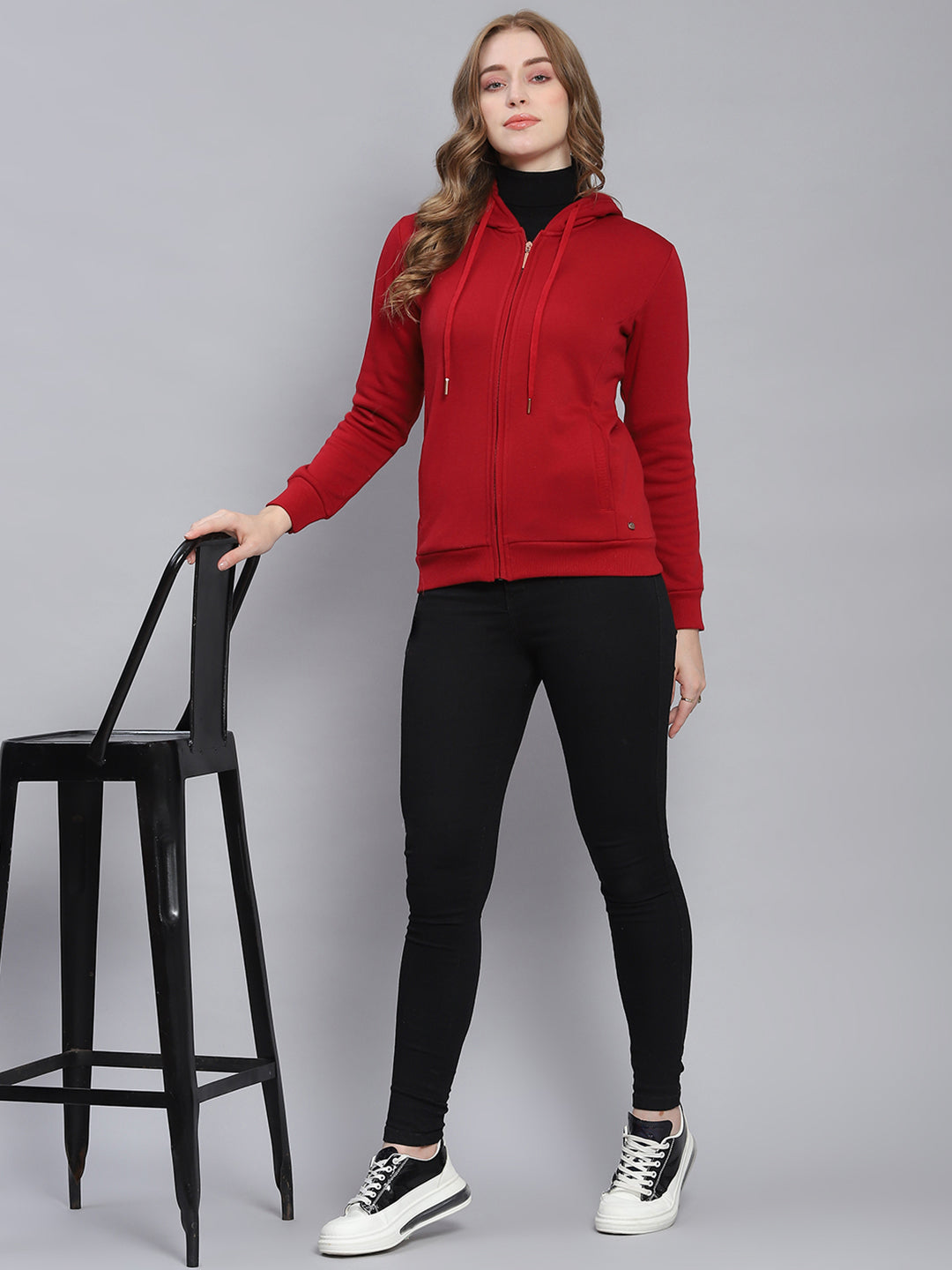 Women Maroon Solid Hooded Full Sleeve Sweatshirts
