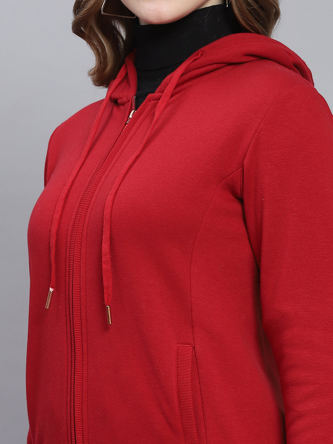 Women Maroon Solid Hooded Full Sleeve Sweatshirts