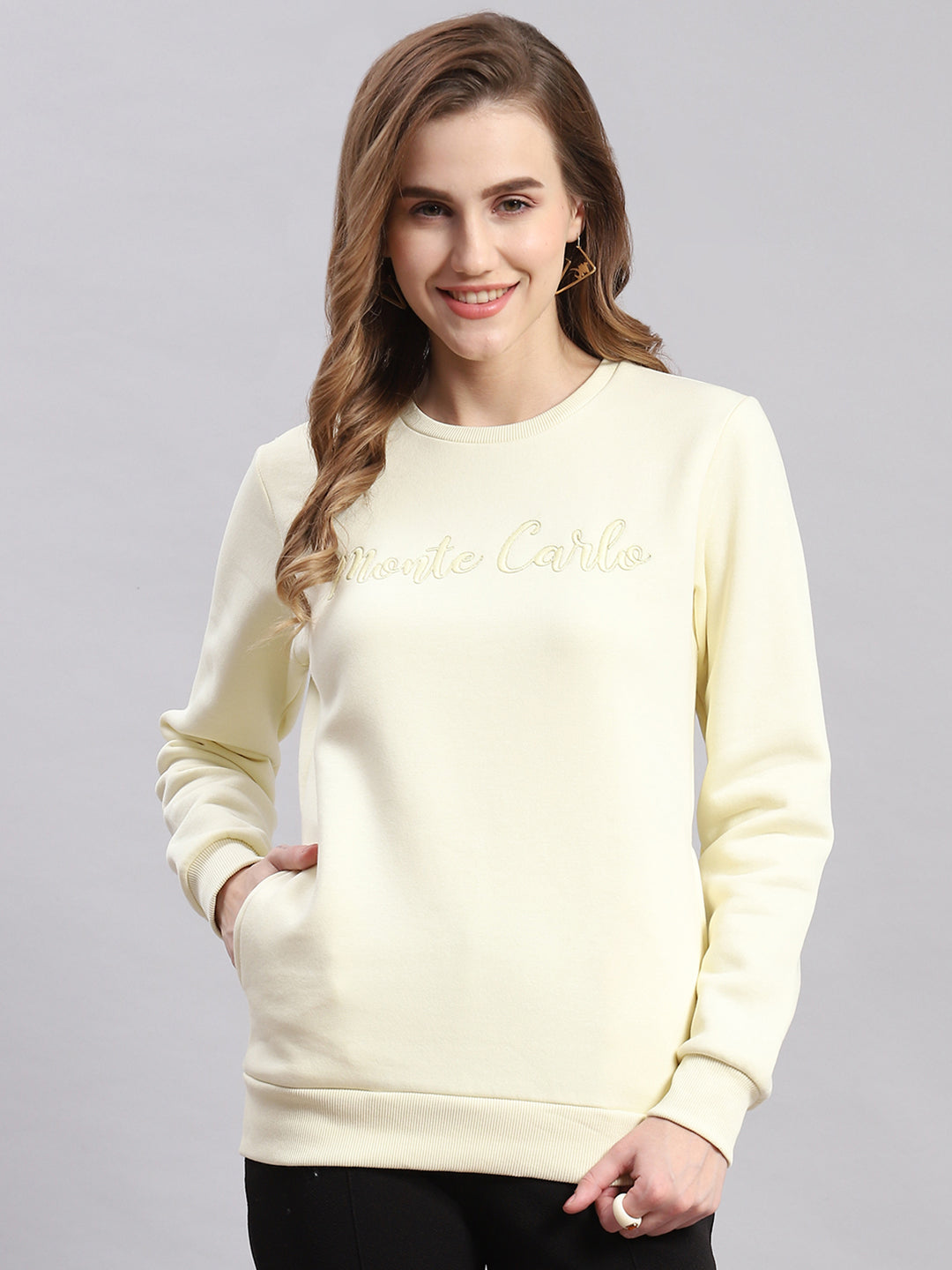 Women Cream Embroidered Round Neck Full Sleeve Sweatshirts