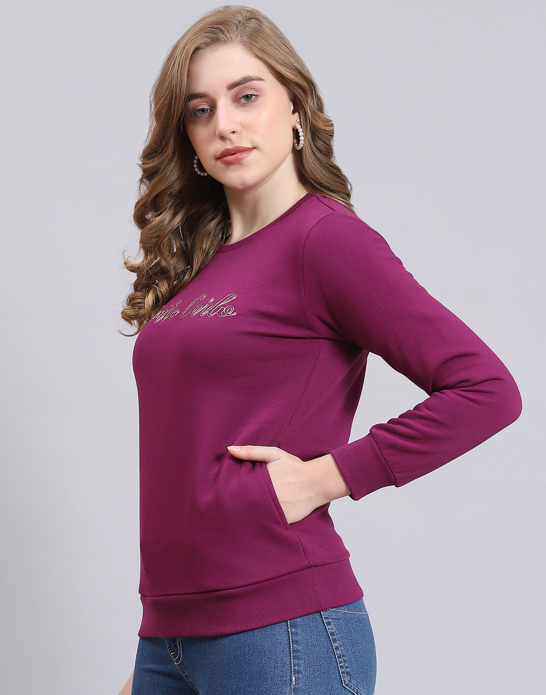 Women Purple Embroidered Round Neck Full Sleeve Sweatshirt