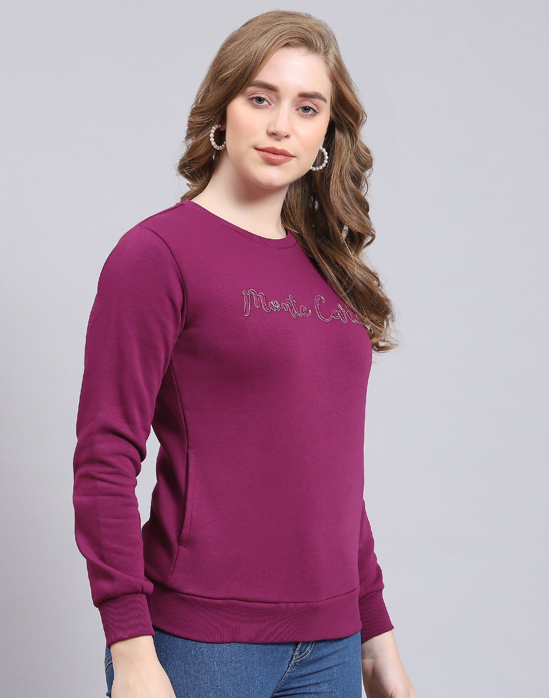 Women Purple Embroidered Round Neck Full Sleeve Sweatshirt