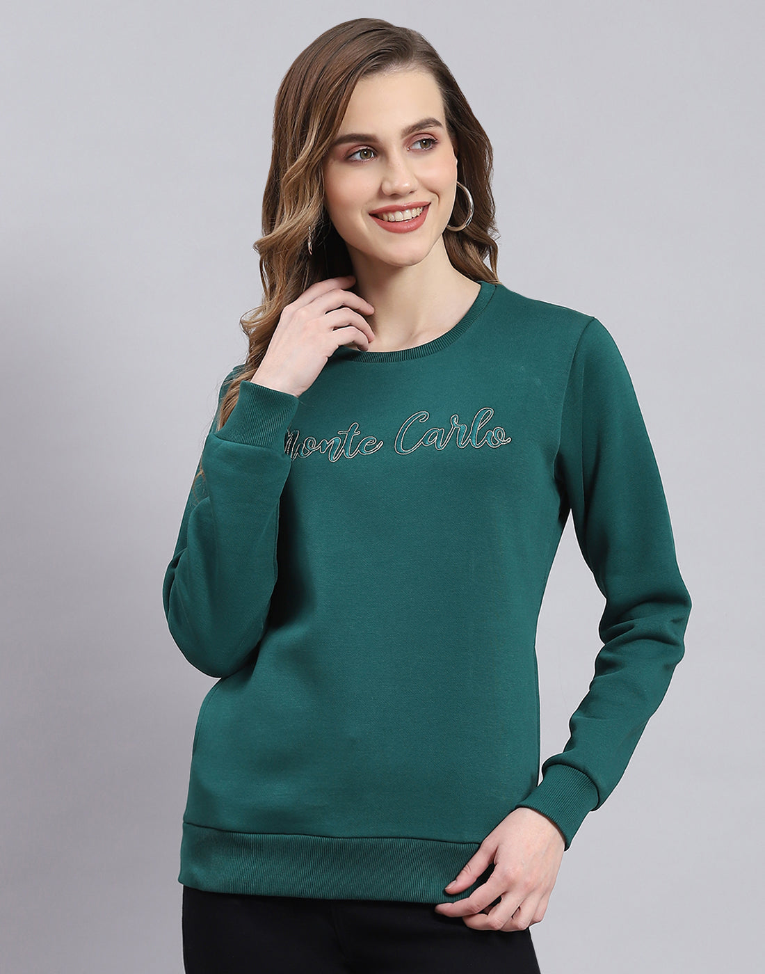 Women Teal Blue Embroidered Round Neck Full Sleeve Sweatshirt