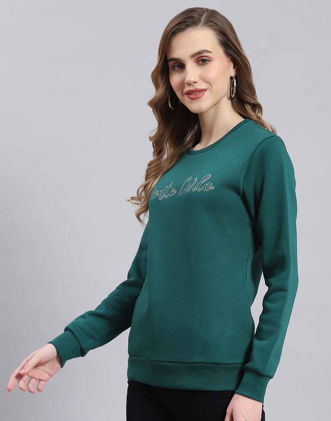 Women Teal Blue Embroidered Round Neck Full Sleeve Sweatshirt