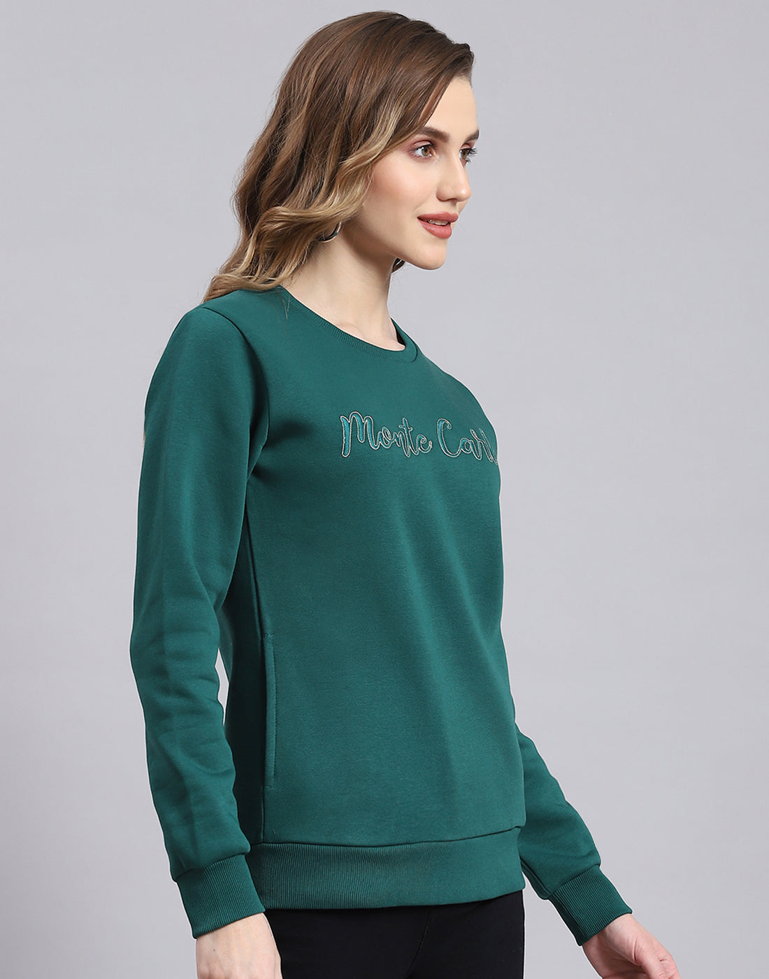 Women Teal Blue Embroidered Round Neck Full Sleeve Sweatshirt
