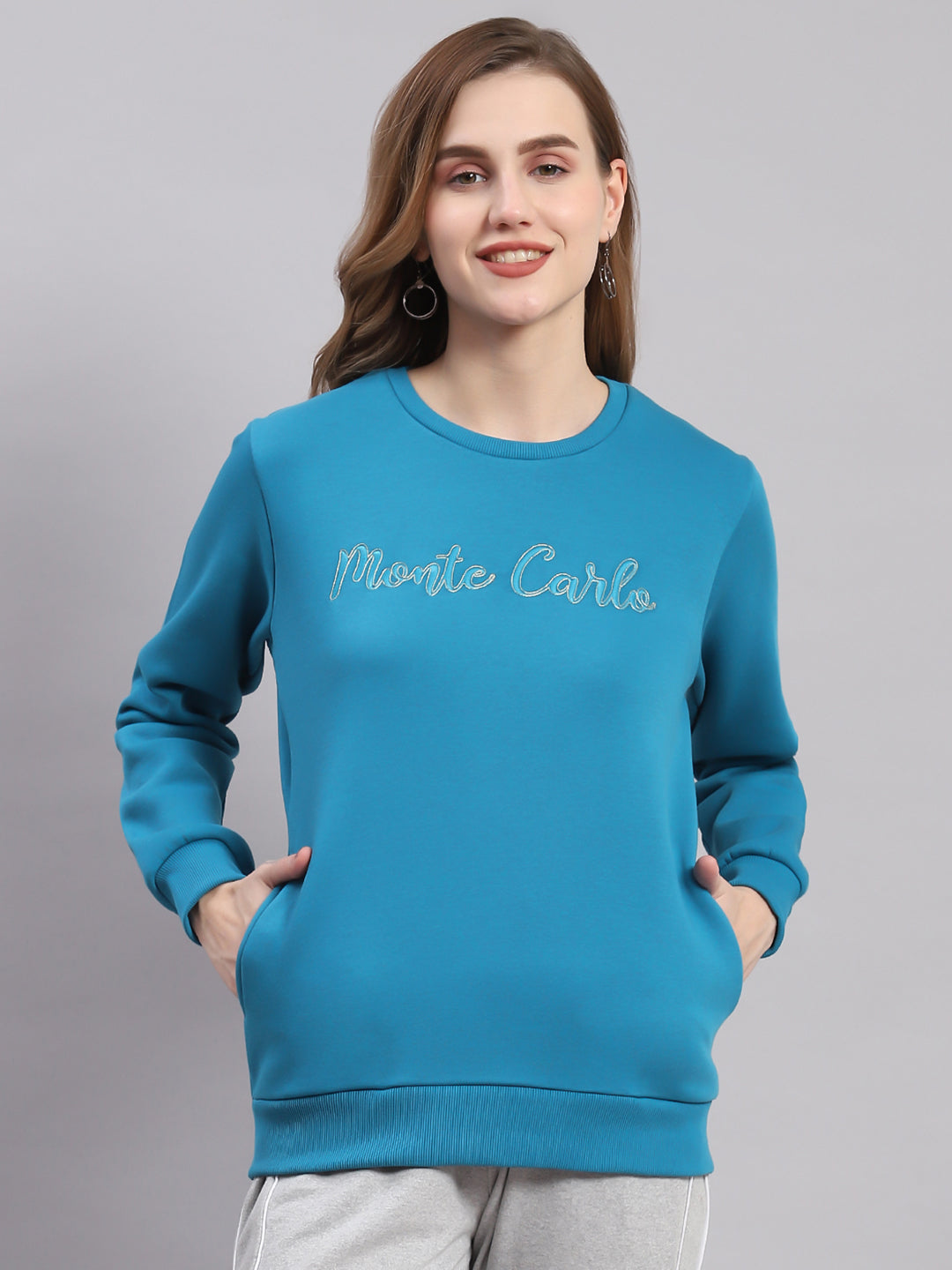 Women Blue Embroidered Round Neck Full Sleeve Sweatshirts