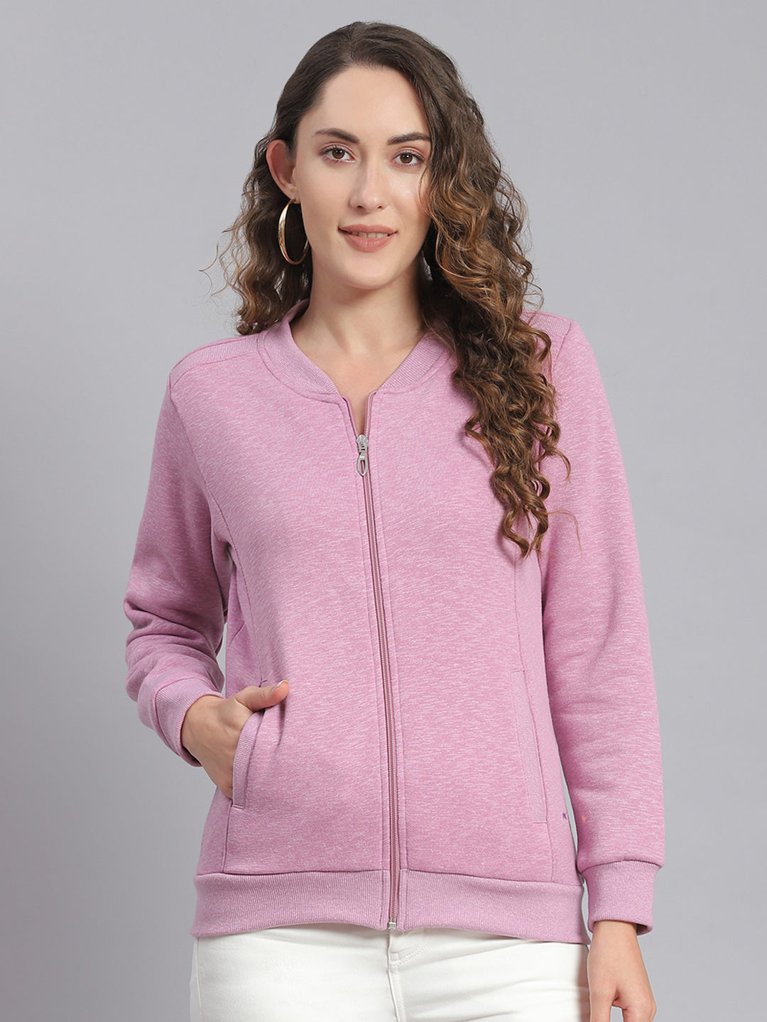 Women Purple Solid Mandarin Collar Full Sleeve Sweatshirts