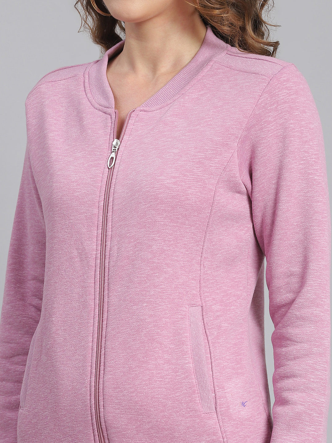 Women Purple Solid Mandarin Collar Full Sleeve Sweatshirts