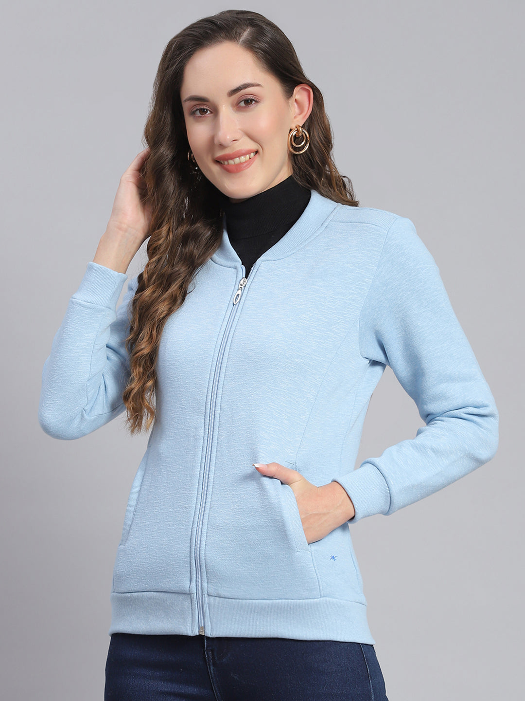 Women Blue Solid Mandarin Collar Full Sleeve Sweatshirts