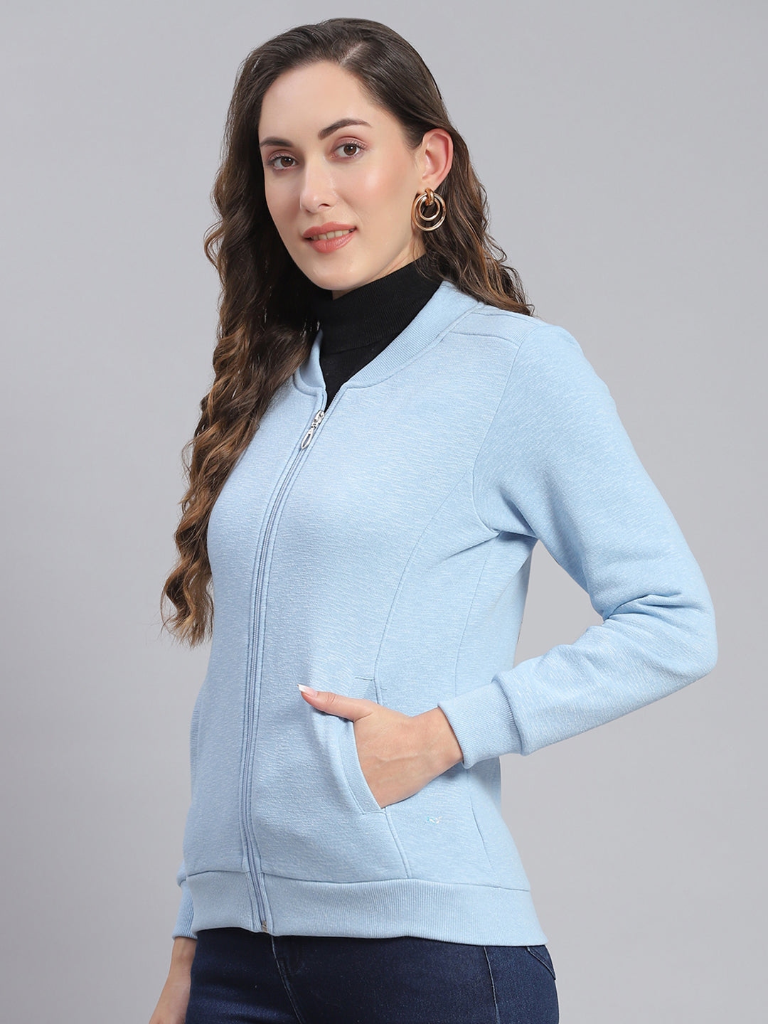 Women Blue Solid Mandarin Collar Full Sleeve Sweatshirts