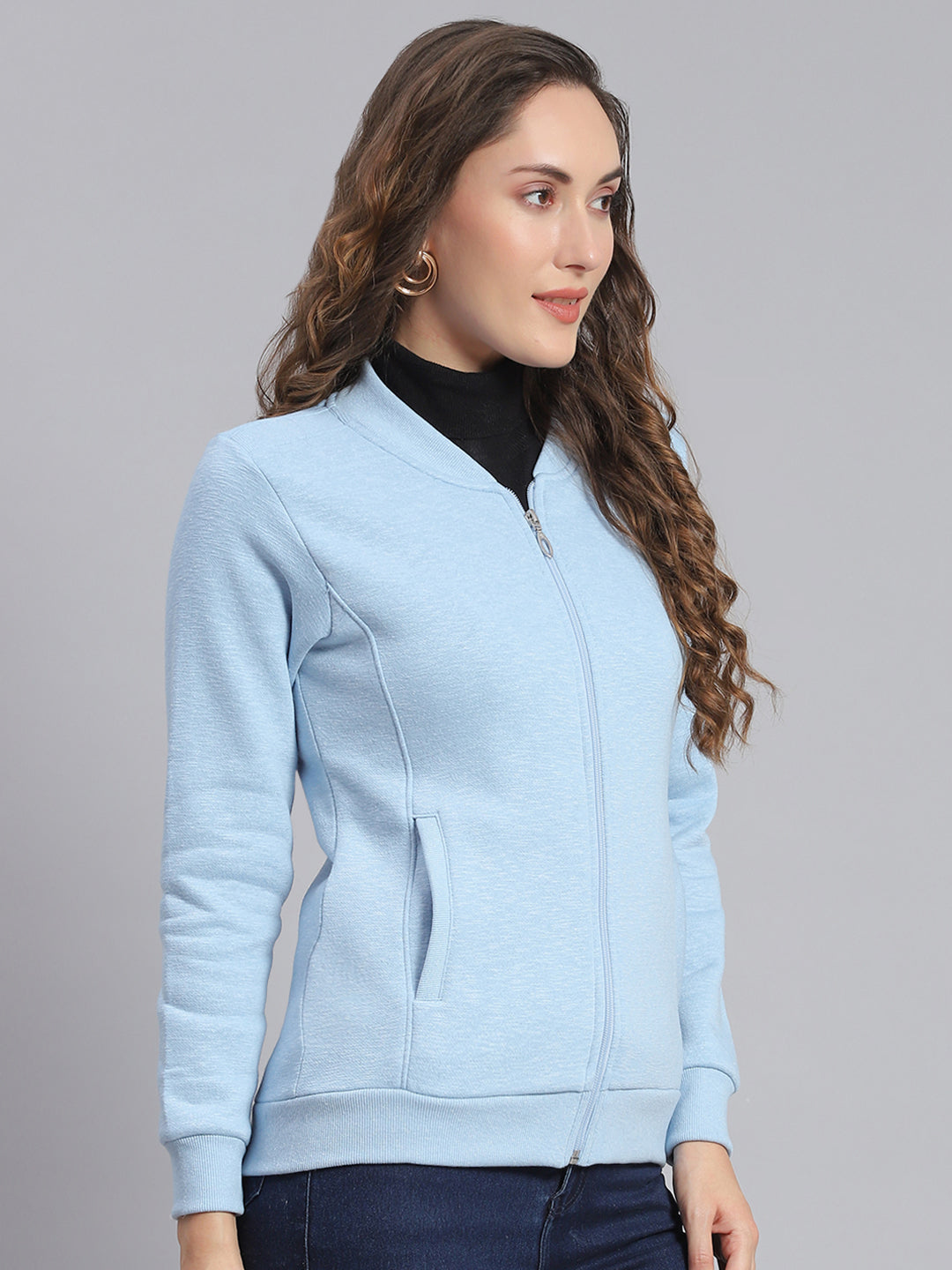 Women Blue Solid Mandarin Collar Full Sleeve Sweatshirts