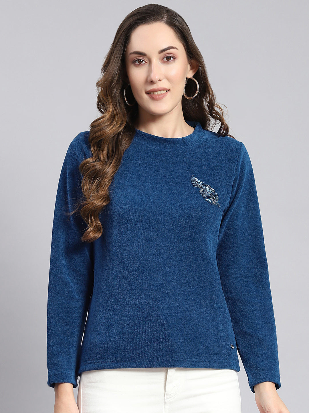 Women Blue Embroidered Round Neck Full Sleeve Sweater