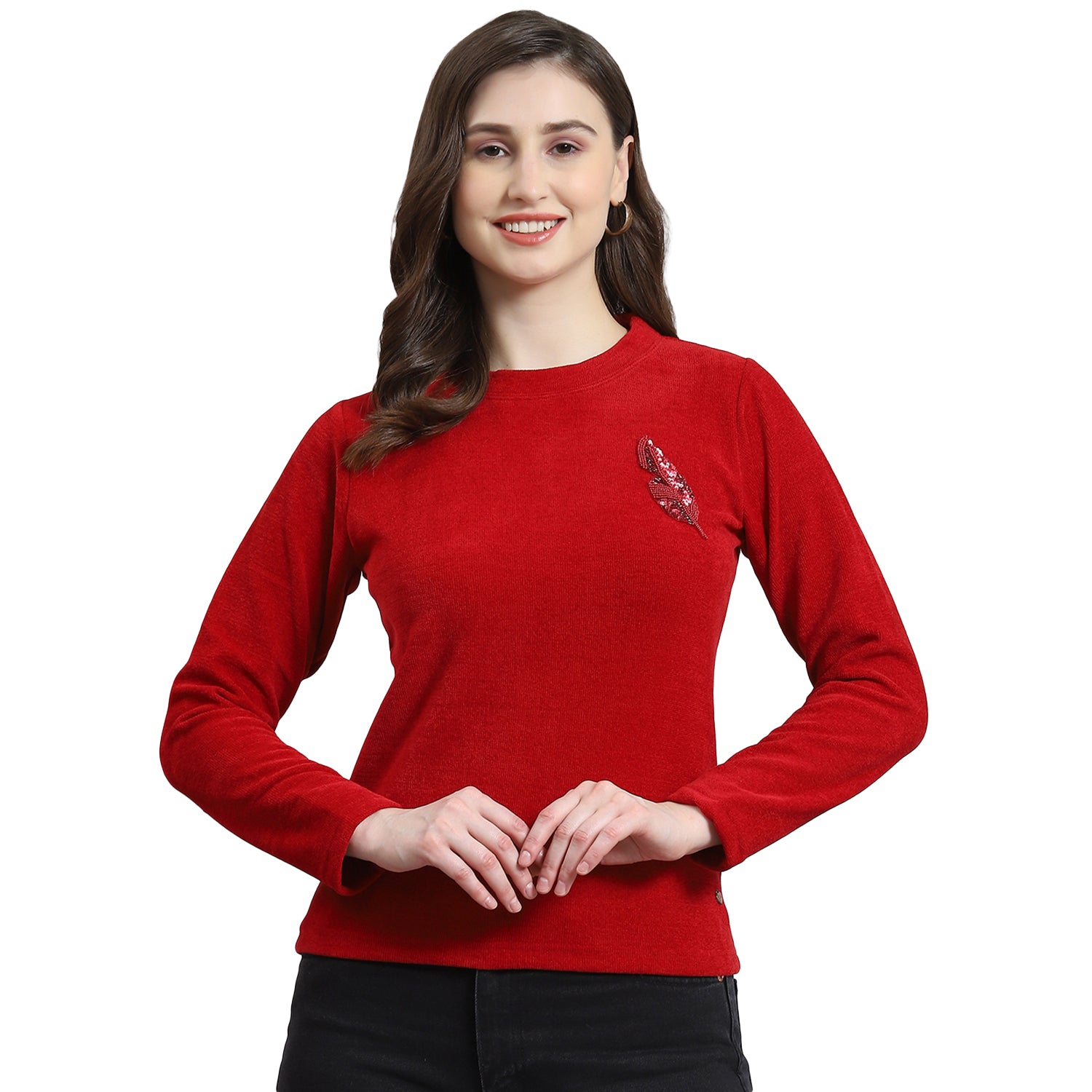 Women Red Embroidered Round Neck Full Sleeve Sweater
