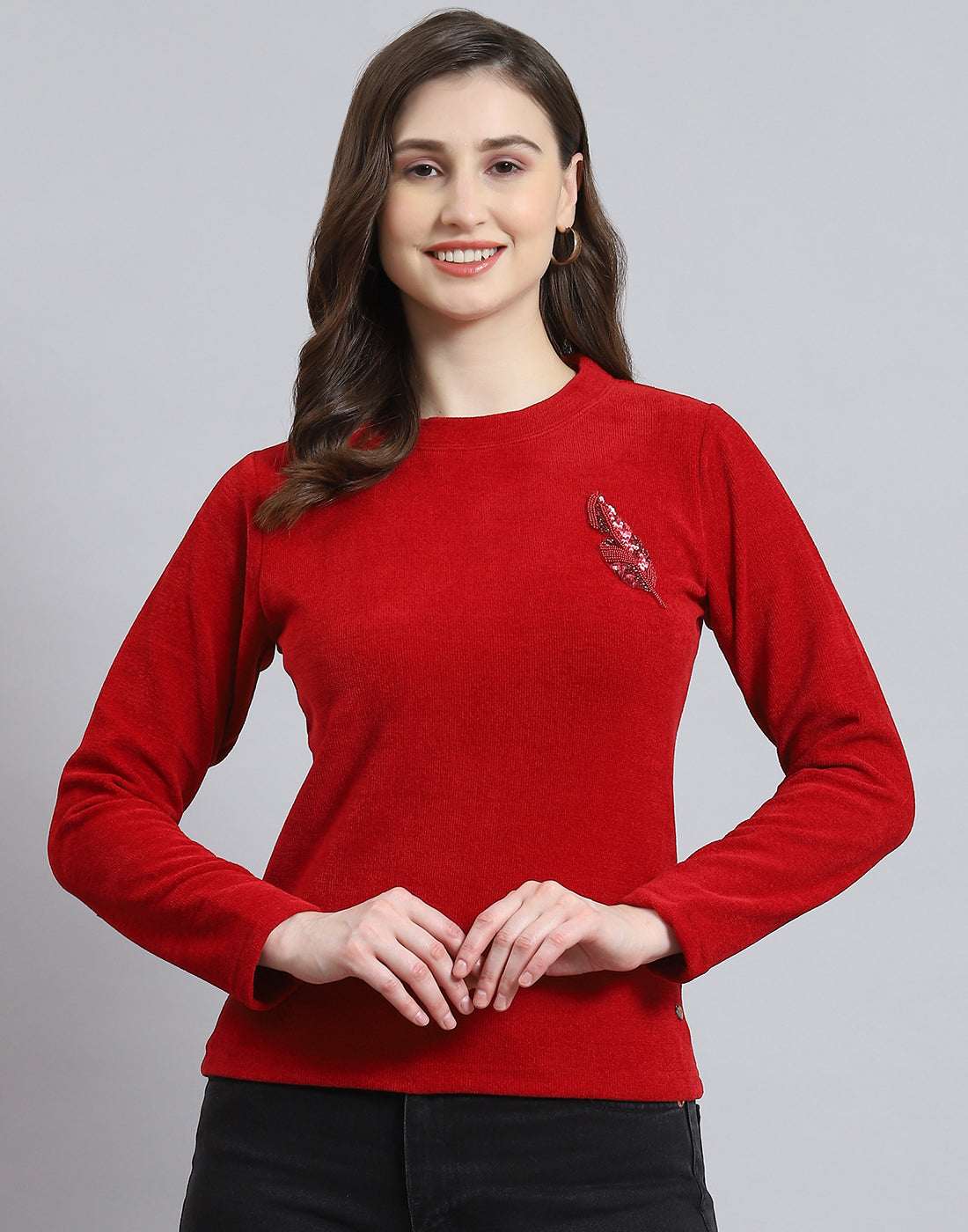 Women Red Embroidered Round Neck Full Sleeve Sweater