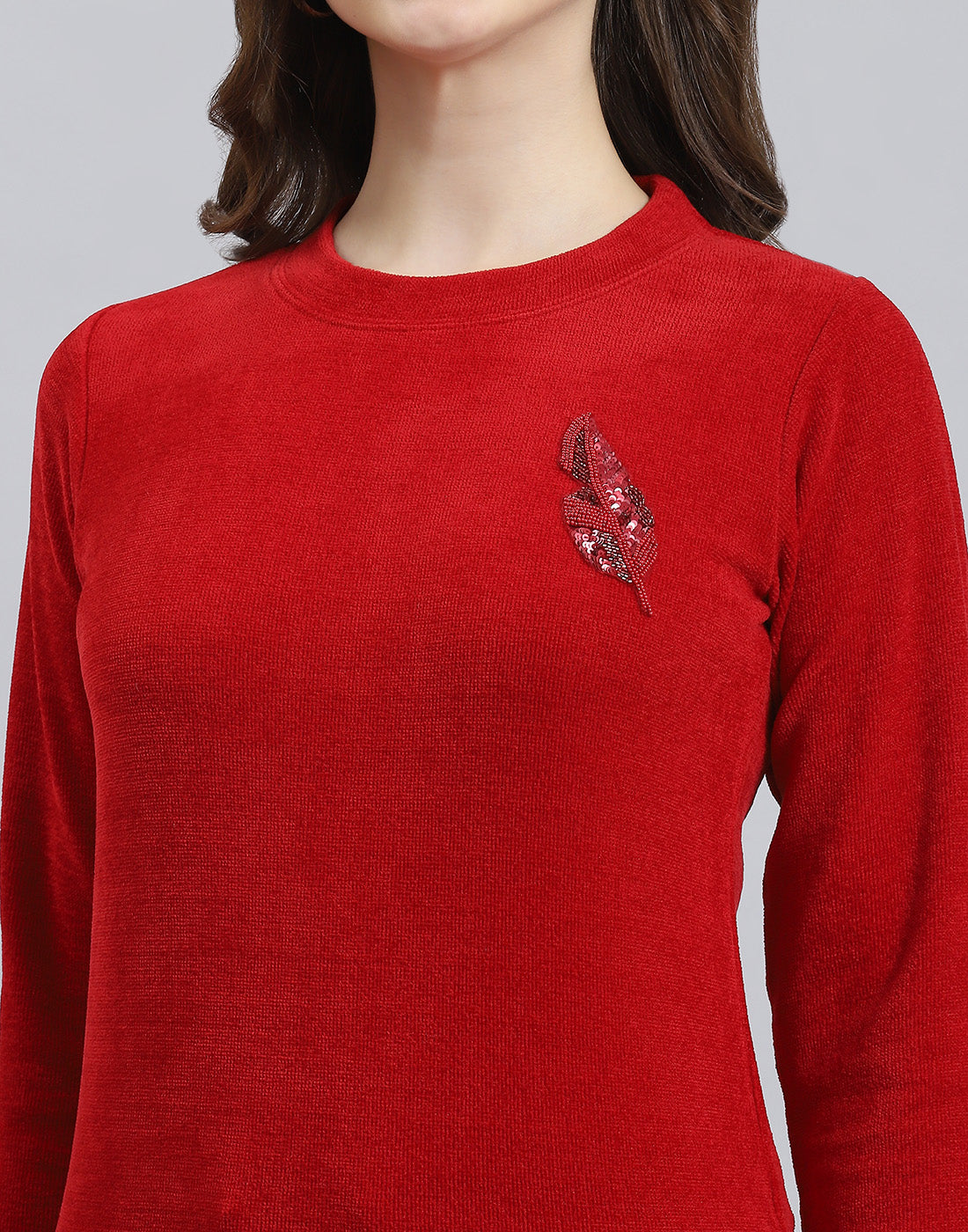 Women Red Embroidered Round Neck Full Sleeve Sweater