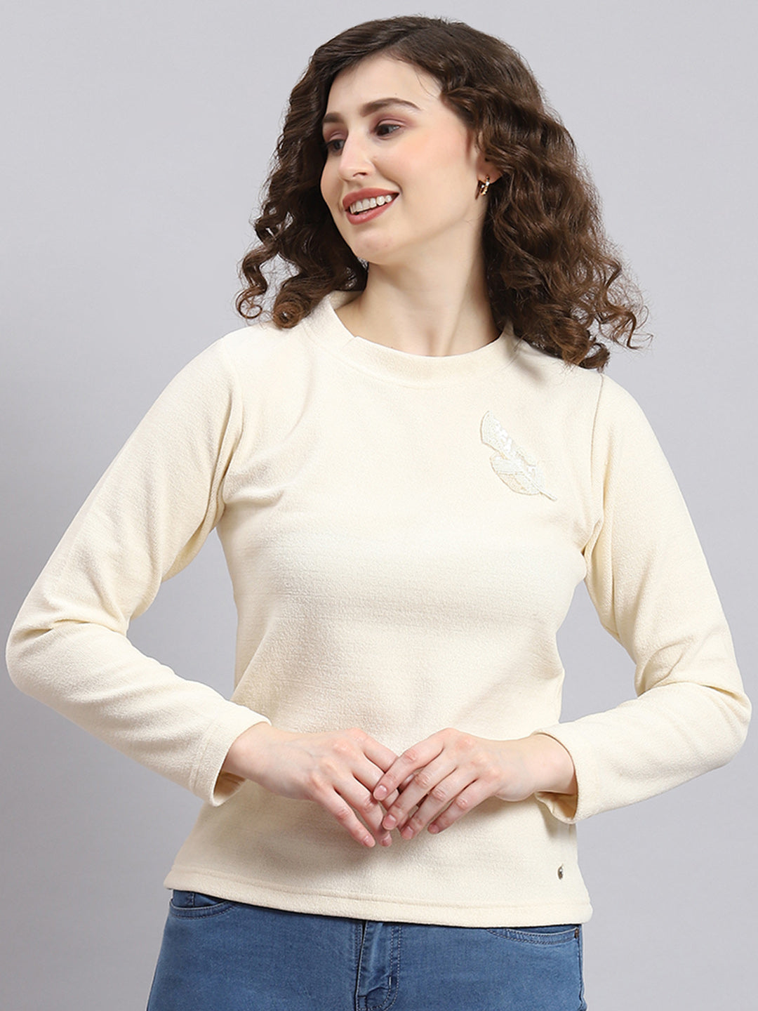 Women Cream Embroidered Round Neck Full Sleeve Sweater