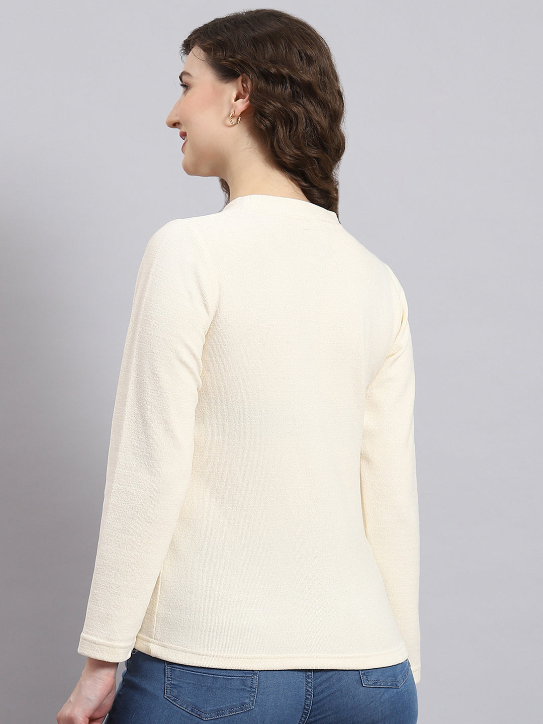 Women Cream Embroidered Round Neck Full Sleeve Sweater