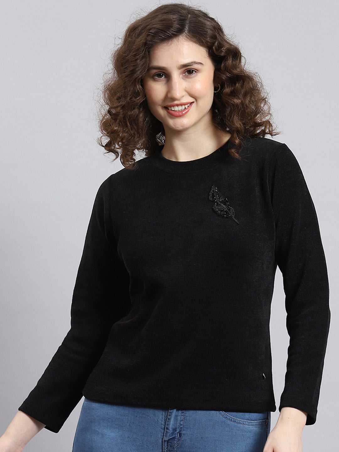 Women Black Embroidered Round Neck Full Sleeve Sweater