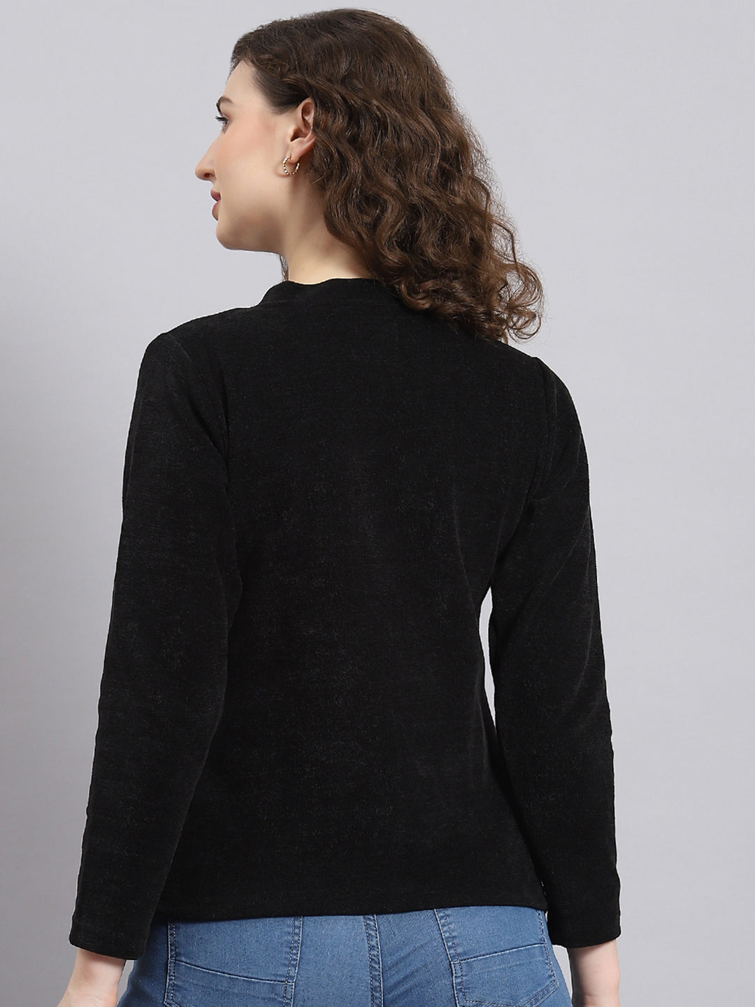 Women Black Embroidered Round Neck Full Sleeve Sweater