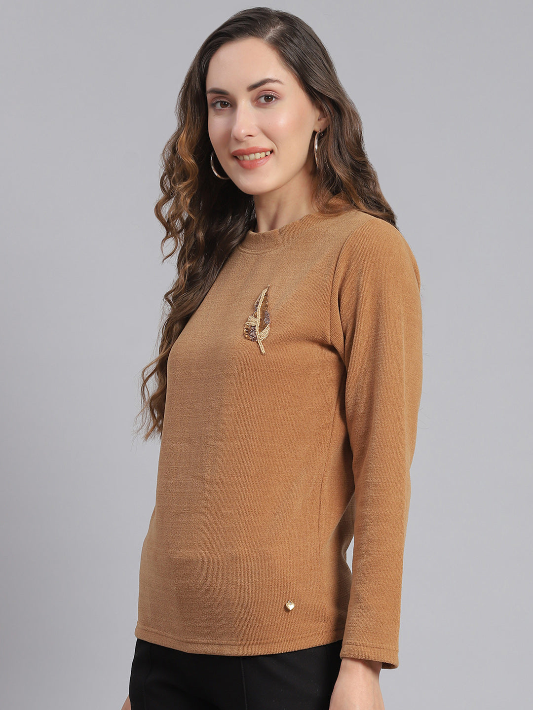 Women Brown Embroidered Round Neck Full Sleeve Sweater