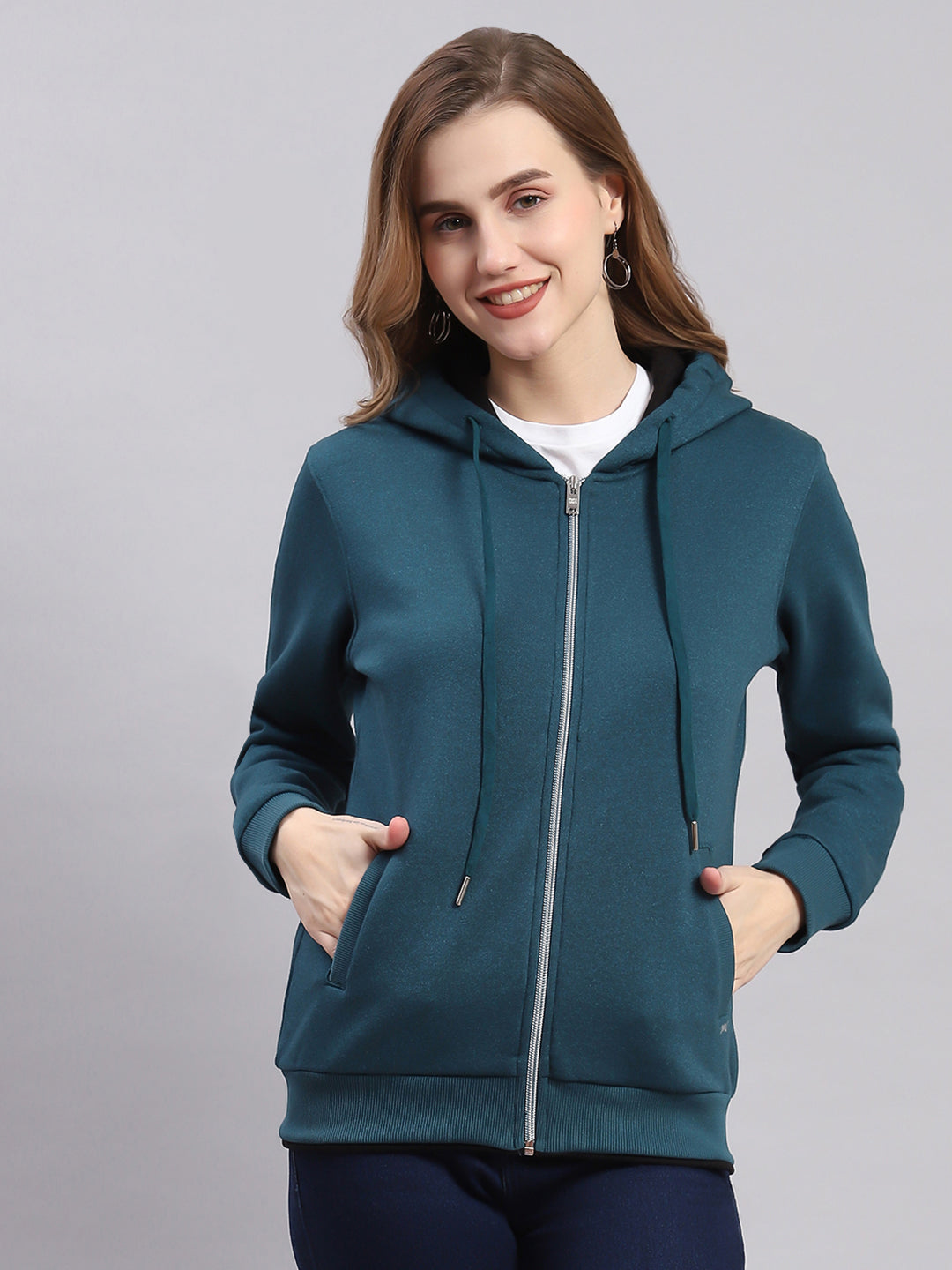 Women Teal Blue Solid Hooded Full Sleeve Sweatshirts