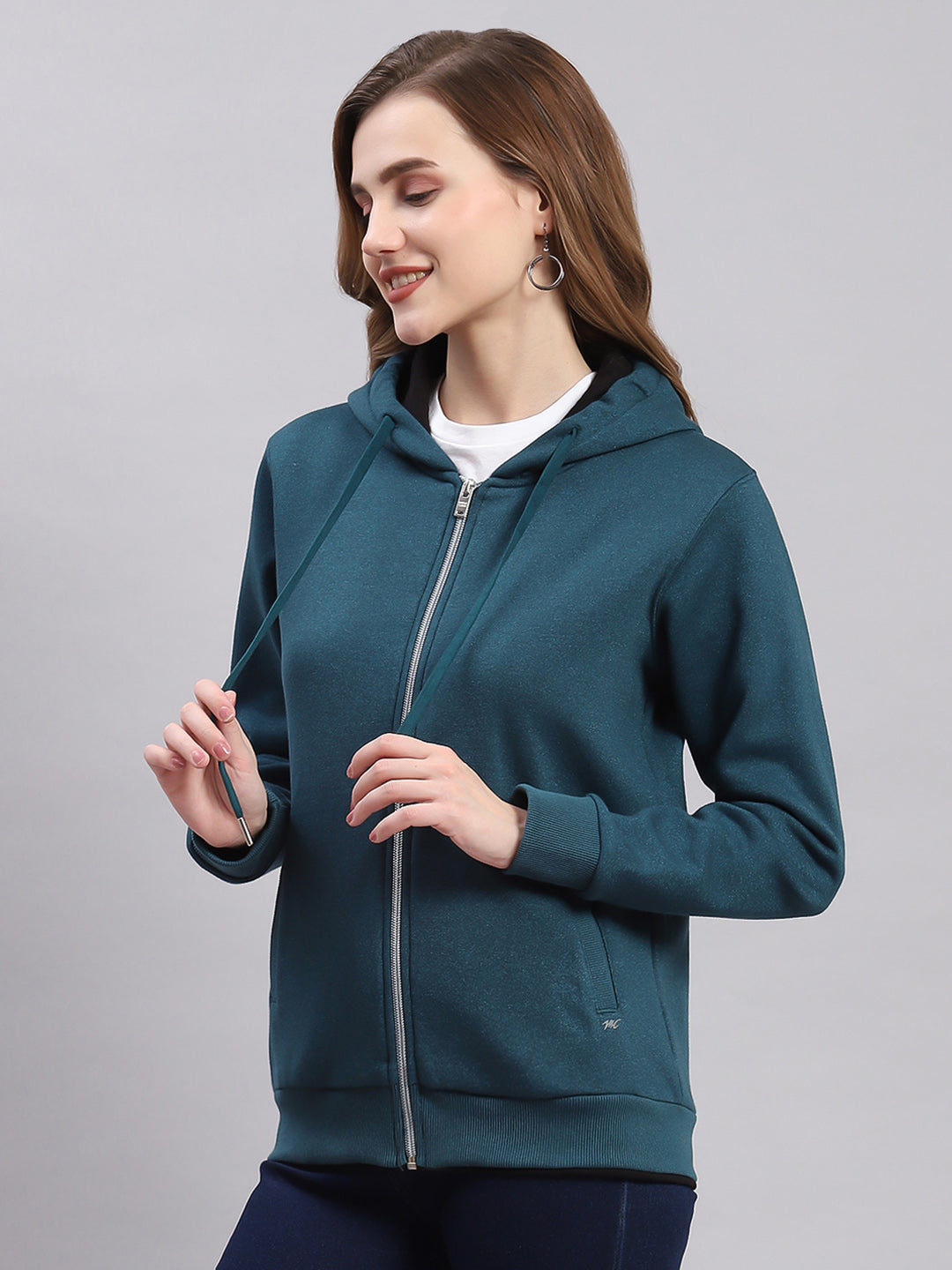 Women Teal Blue Solid Hooded Full Sleeve Sweatshirts