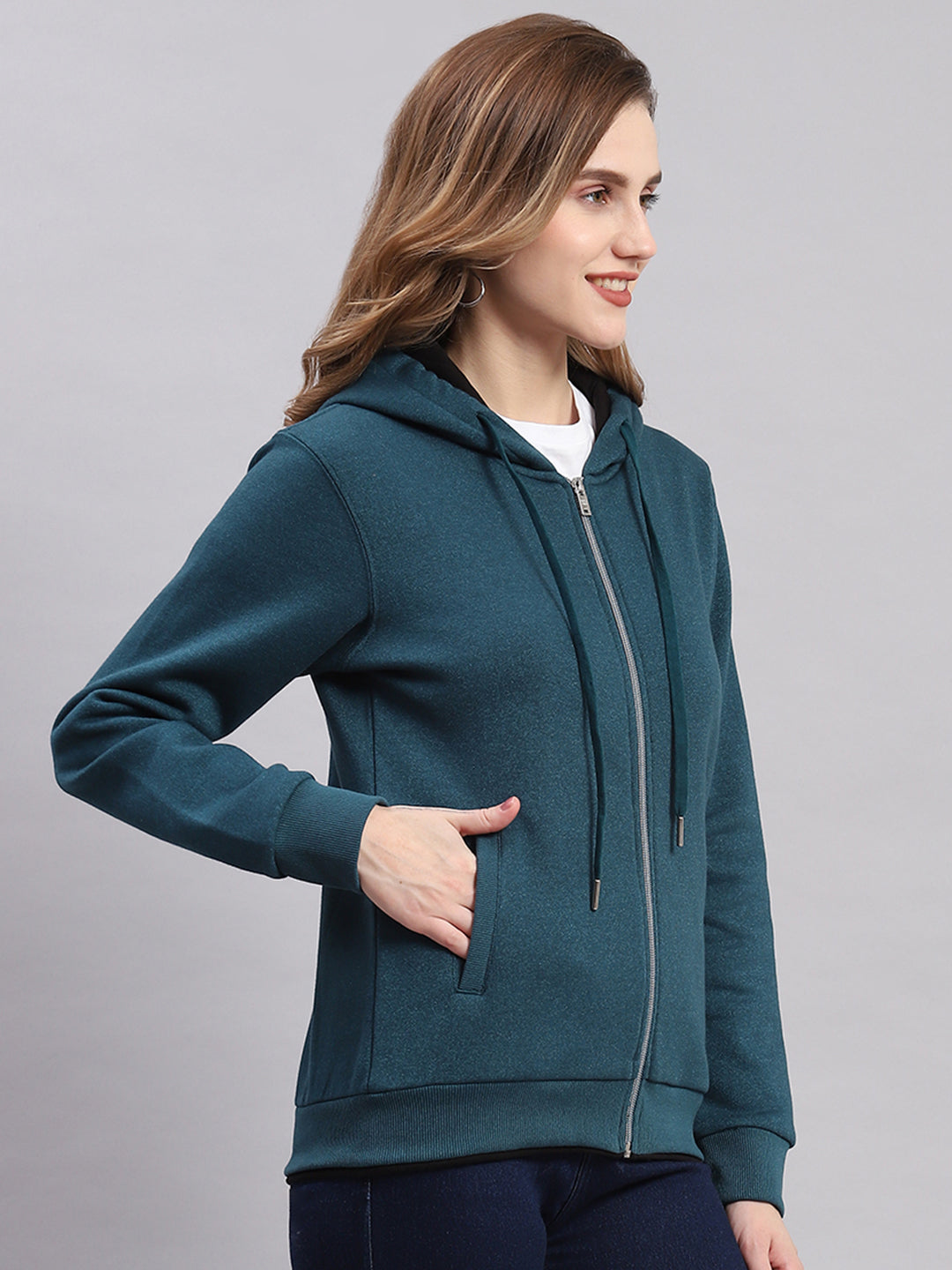 Women Teal Blue Solid Hooded Full Sleeve Sweatshirts