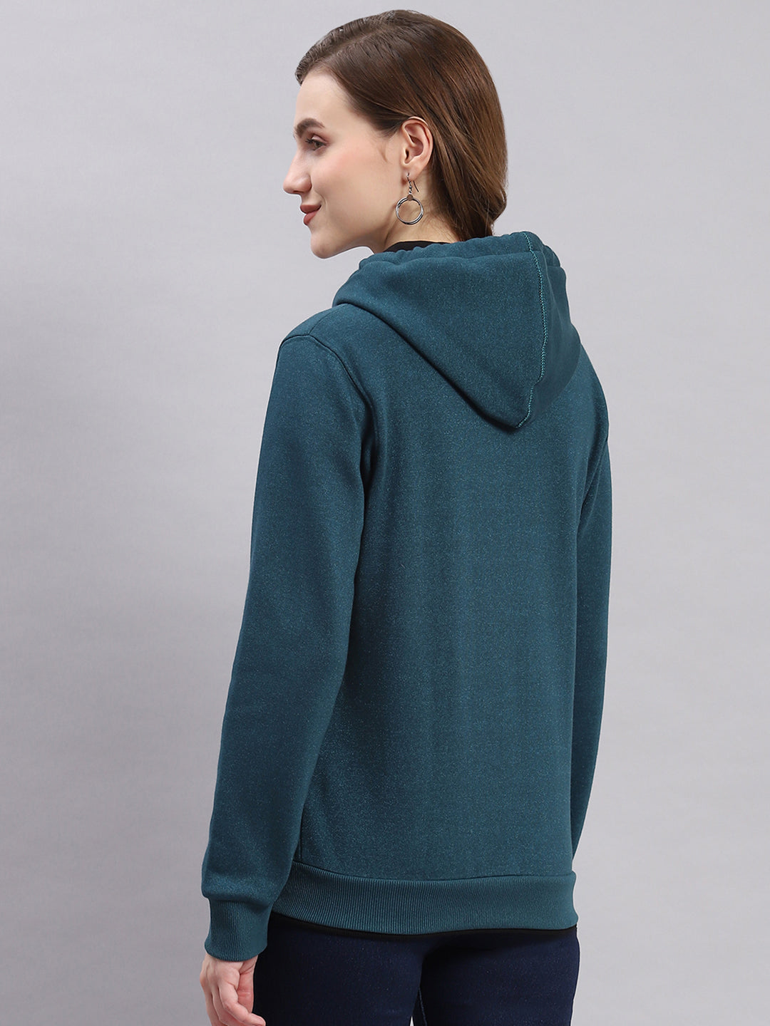 Women Teal Blue Solid Hooded Full Sleeve Sweatshirts