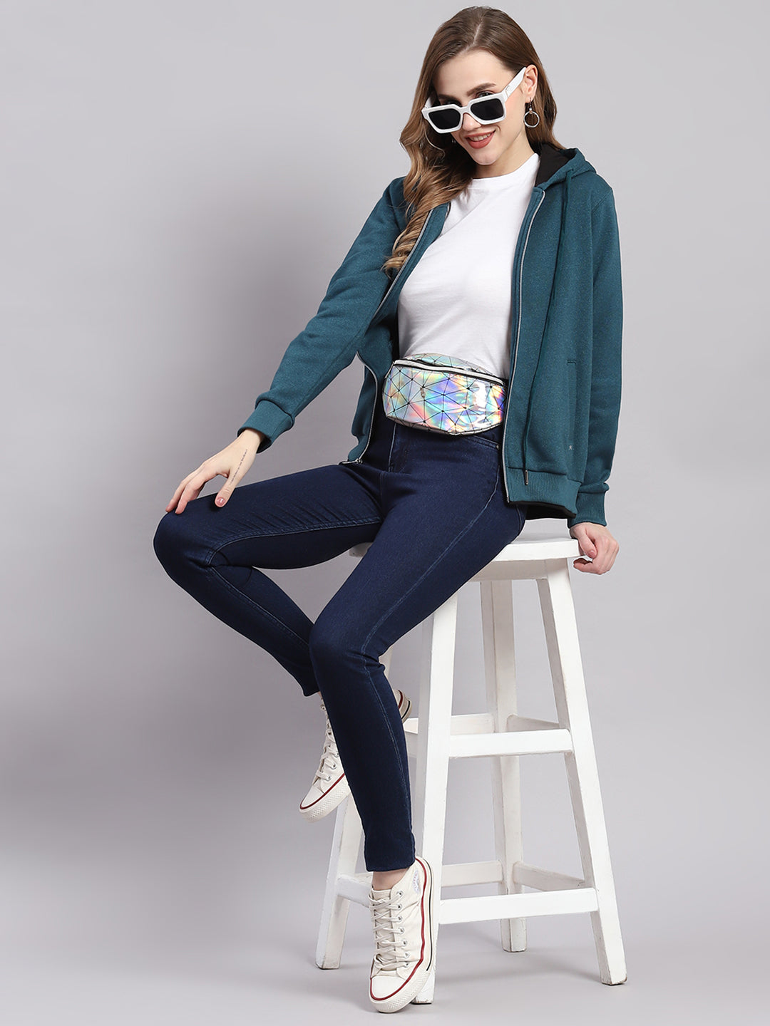 Women Teal Blue Solid Hooded Full Sleeve Sweatshirts