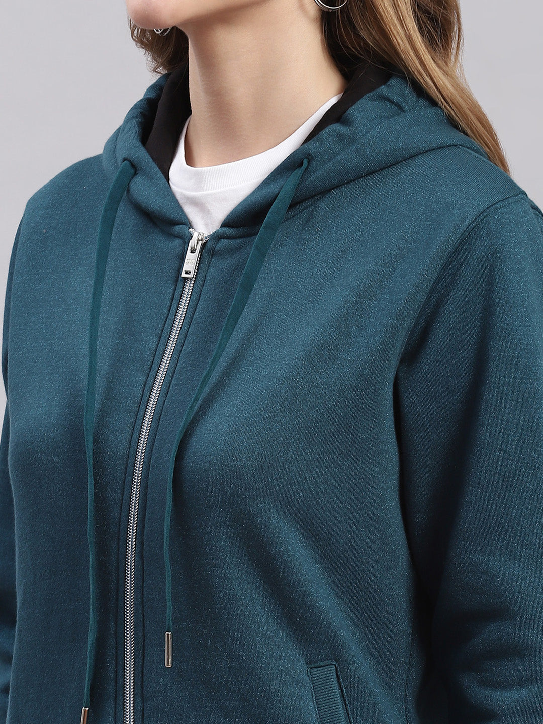 Women Teal Blue Solid Hooded Full Sleeve Sweatshirts