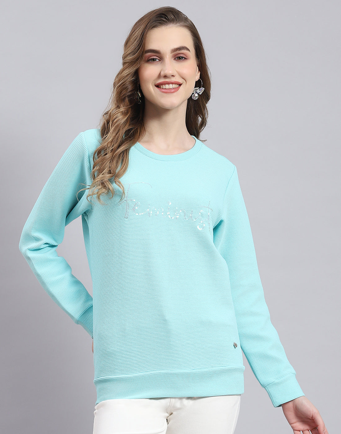 Women Blue Self Design Round Neck Full Sleeve Sweatshirt