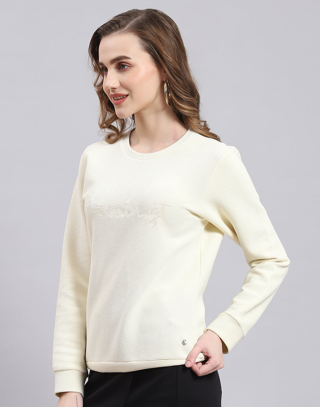 Women Cream Self Design Round Neck Full Sleeve Sweatshirt