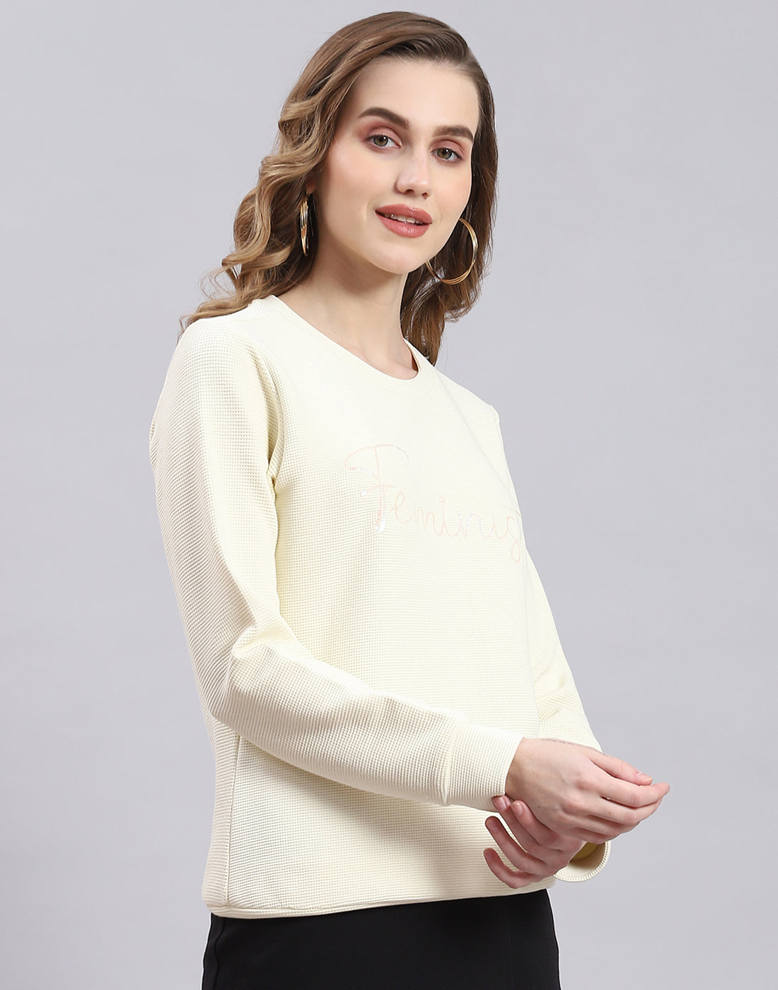 Women Cream Self Design Round Neck Full Sleeve Sweatshirt