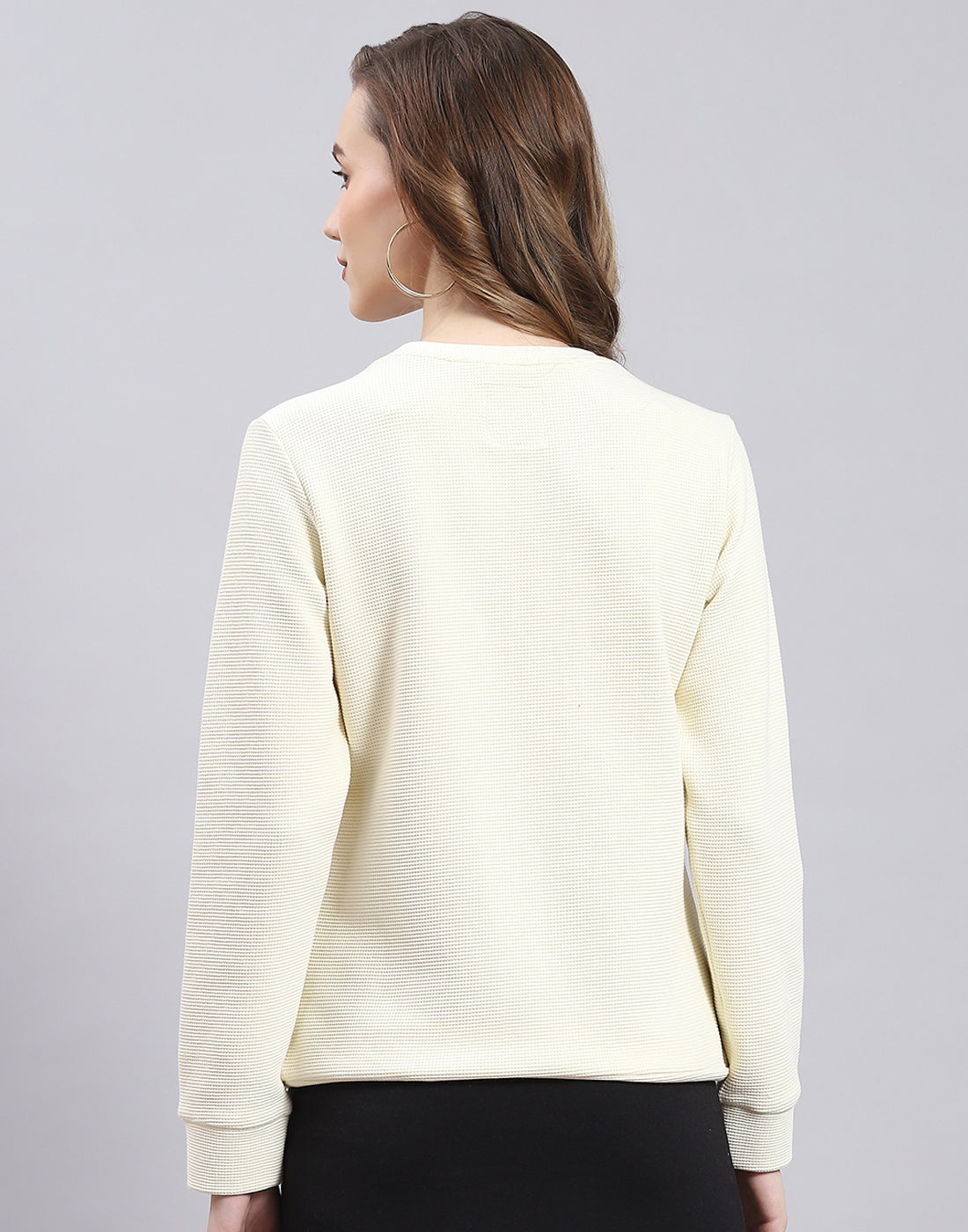 Women Cream Self Design Round Neck Full Sleeve Sweatshirt