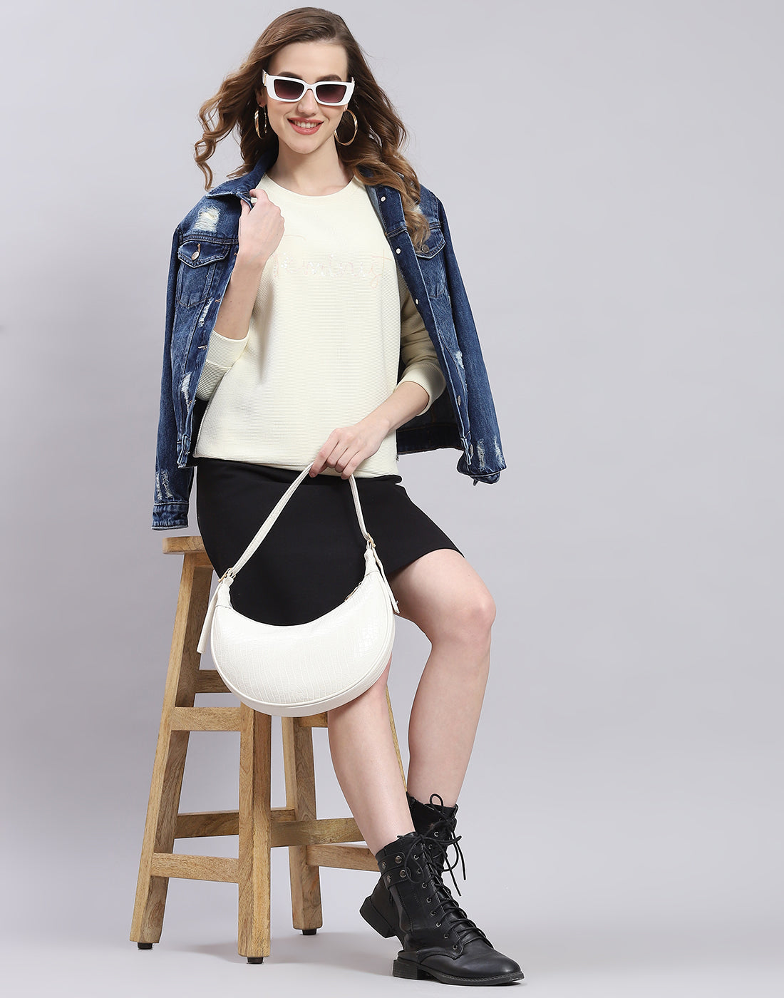 Women Cream Self Design Round Neck Full Sleeve Sweatshirt