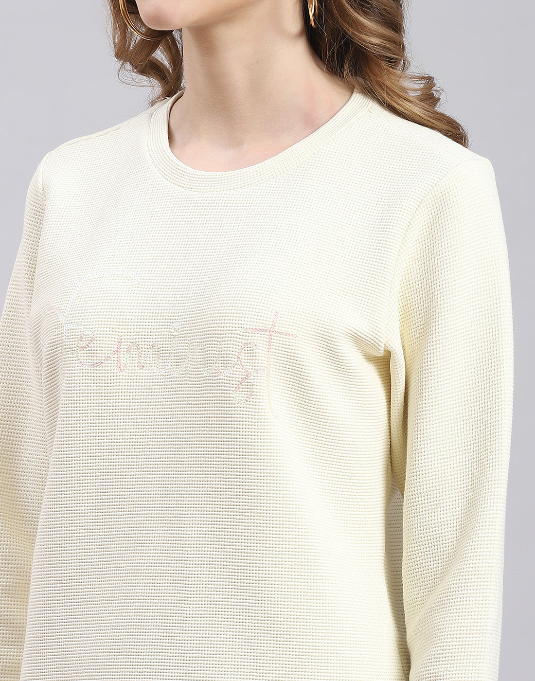 Women Cream Self Design Round Neck Full Sleeve Sweatshirt
