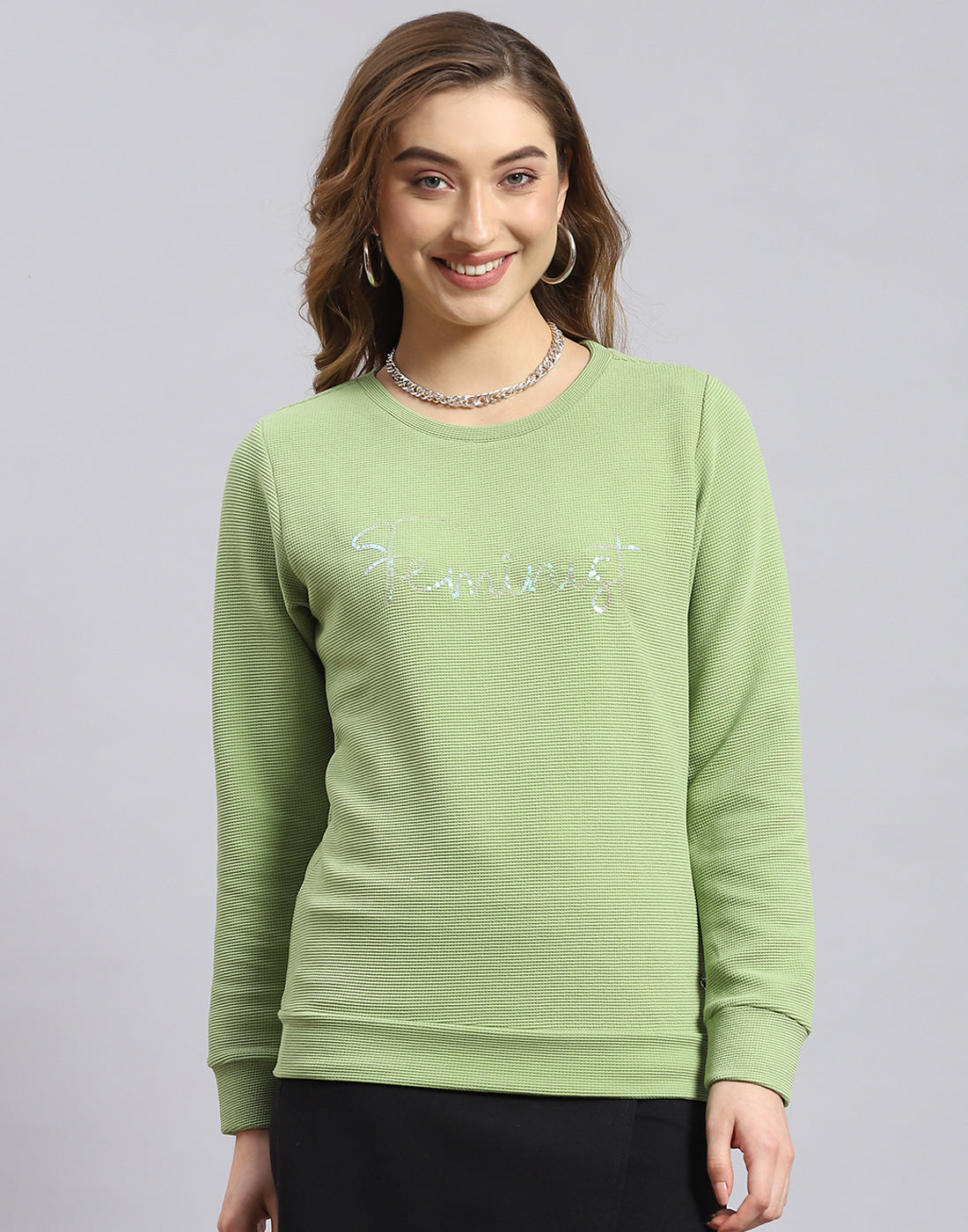 Women Green Self Design Round Neck Full Sleeve Sweatshirt